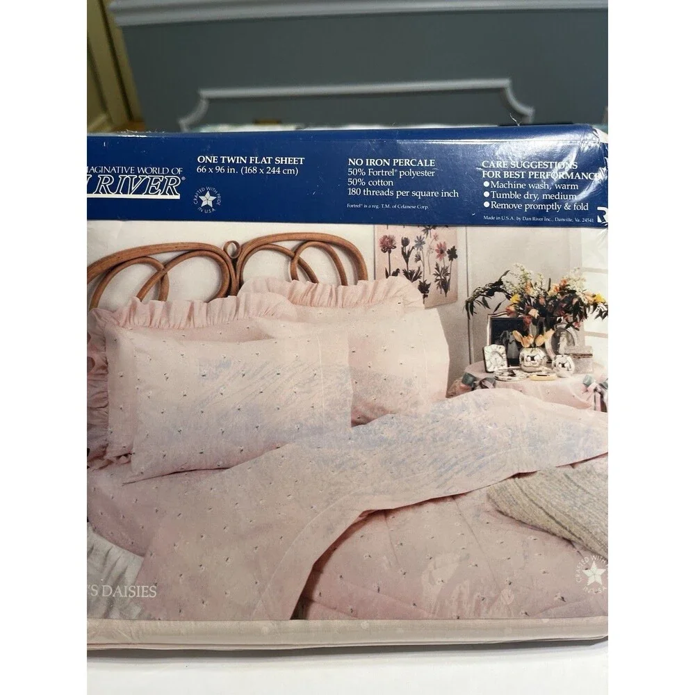 Dan River Pink w White Daisies Polka Dot Ruffled Twin Flat Sheet Vtg NOS USA